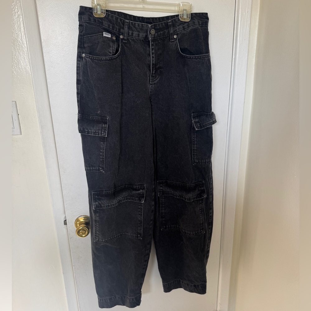 The Ragged Priest Denim Cargo Barrel pant in Washed Black. Size 28.
